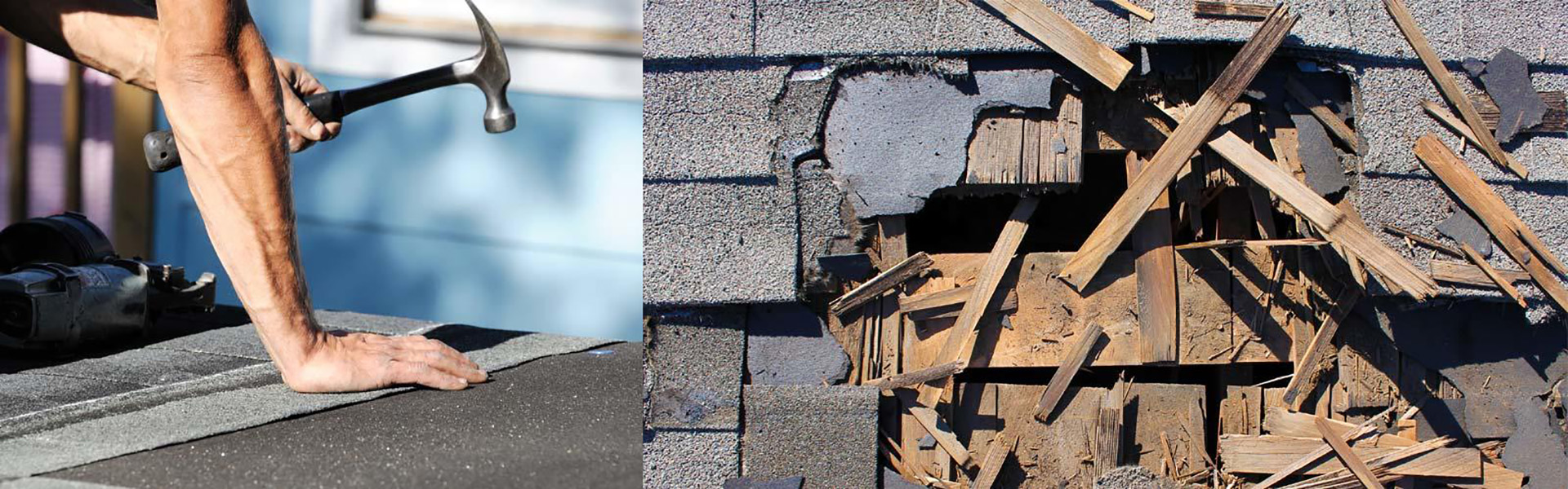 Worker hammering in shingles / Large hole on a roof with shingles and wooden sheathing torn off